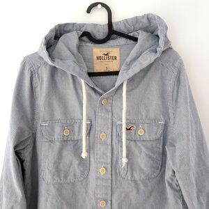 Hollister Men's Blue And White Stripes Hooded Shacket ~ Size Small